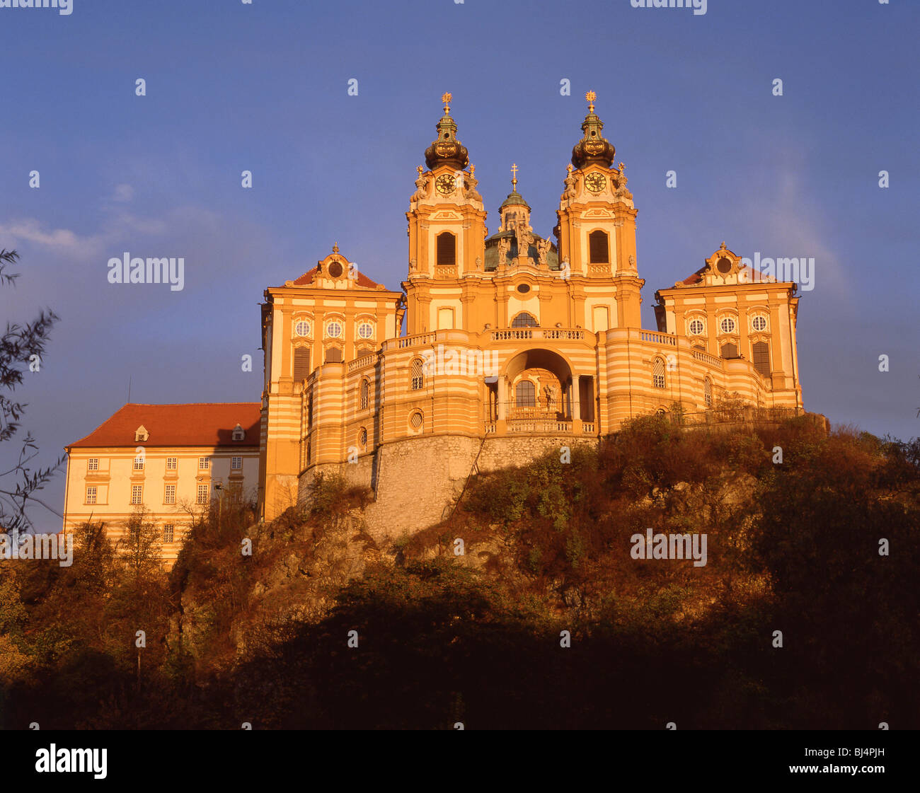 Benedictine Abbey at sunset, Melk, Niederosterreich, Republic of Austria Stock Photo