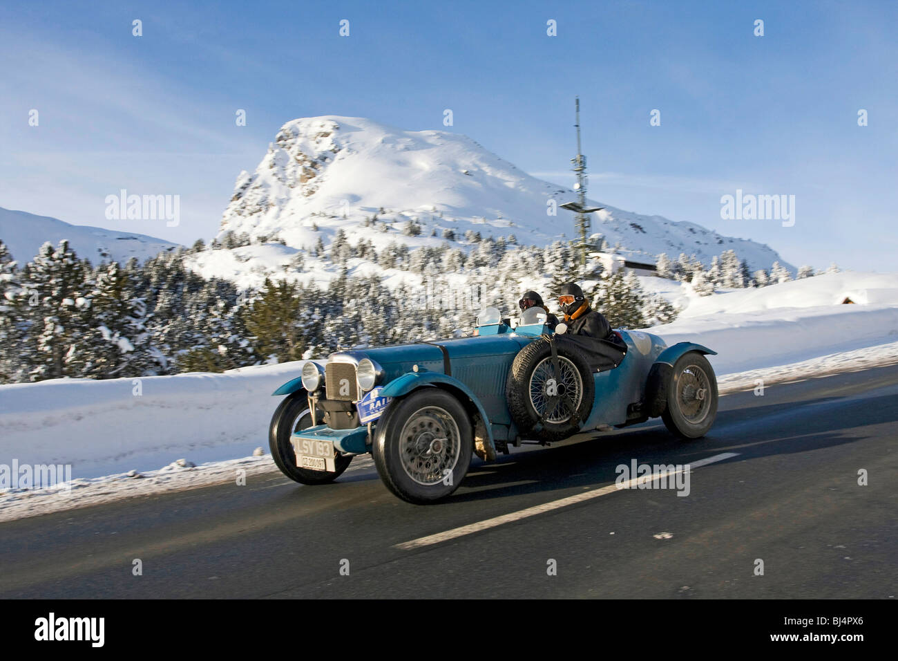 Alvis Speed 20 Special, built in 1934, Winter Raid 2010 classic car rally, Ofenpass, Switzerland, Europe Stock Photo