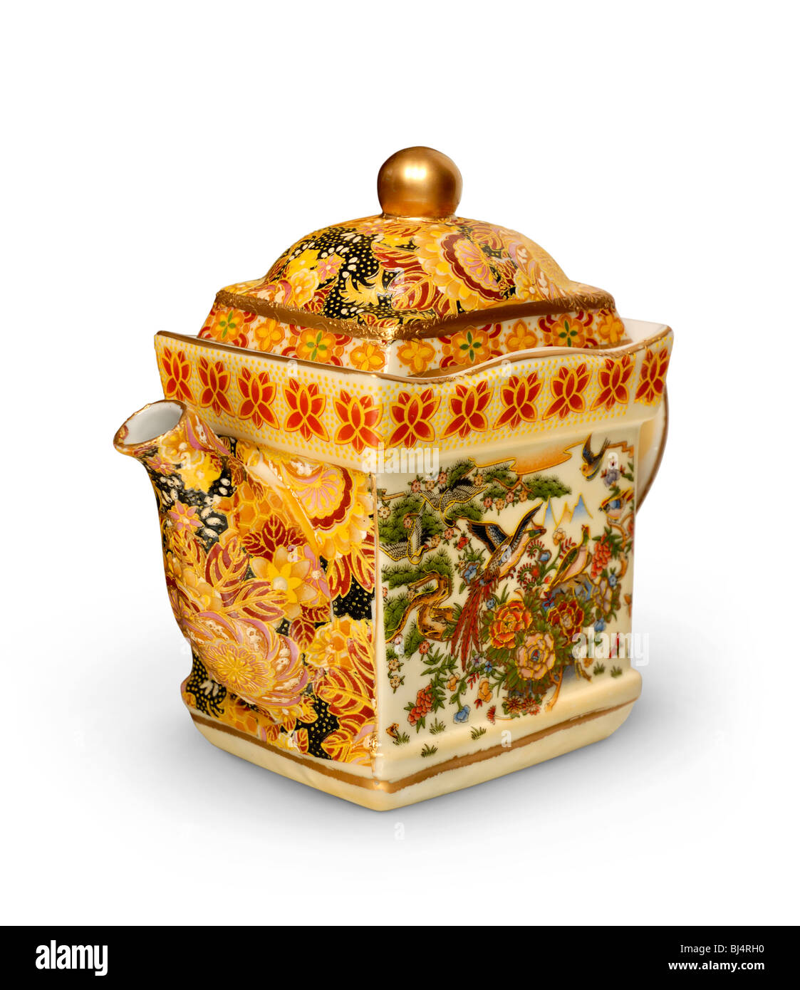 Decorated colorful chinese ceramic teapot closeup Isolated silhouette