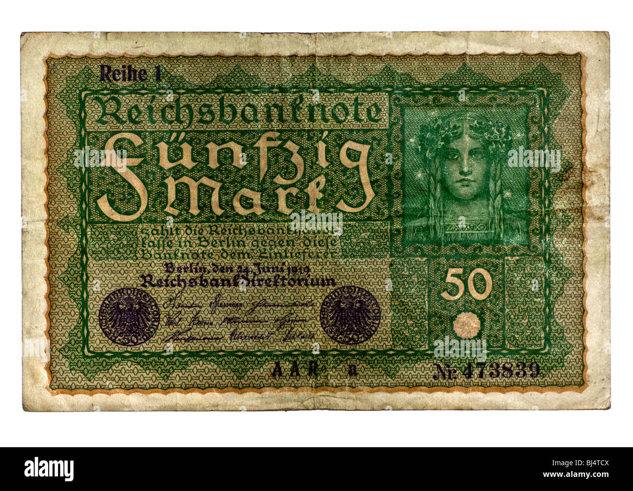 Front of a Reichsbanknote bill of the Central Bank over 50 marks, Berlin, Germany, June 24th 1919 Stock Photo