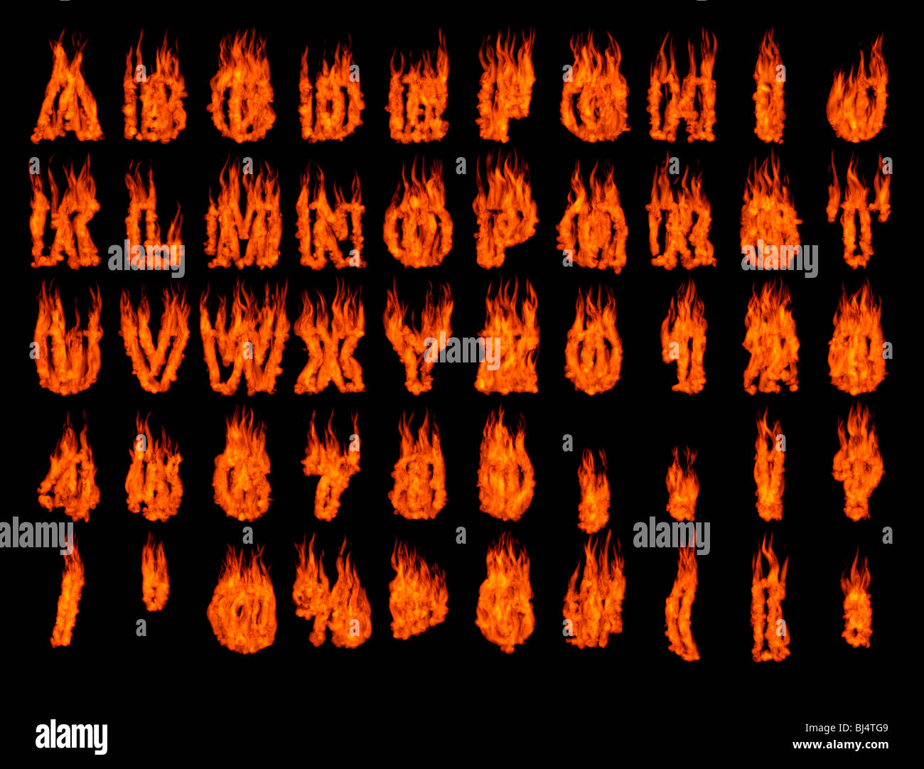 Burning alphabet letters and numbers isolated silhouettes on black background. Rendered 3D illustration Stock Photo