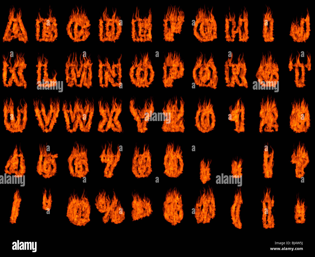 Burning alphabet letters and numbers isolated silhouettes on black background. Rendered 3D illustration Stock Photo