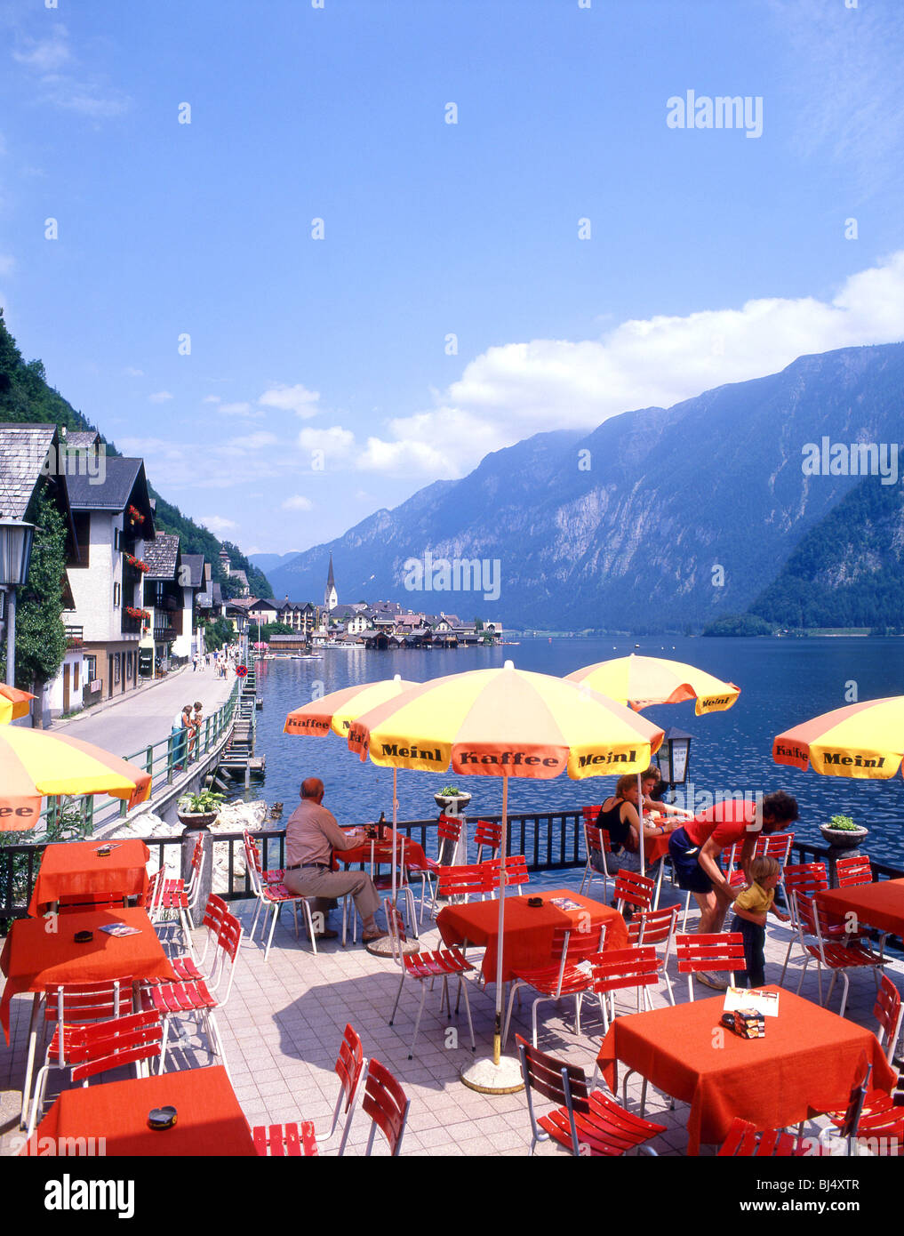 Lakeside restaurant, Hallstatt (Hoistod), Salzkammergut, Upper Austria, Republic of Austria Stock Photo