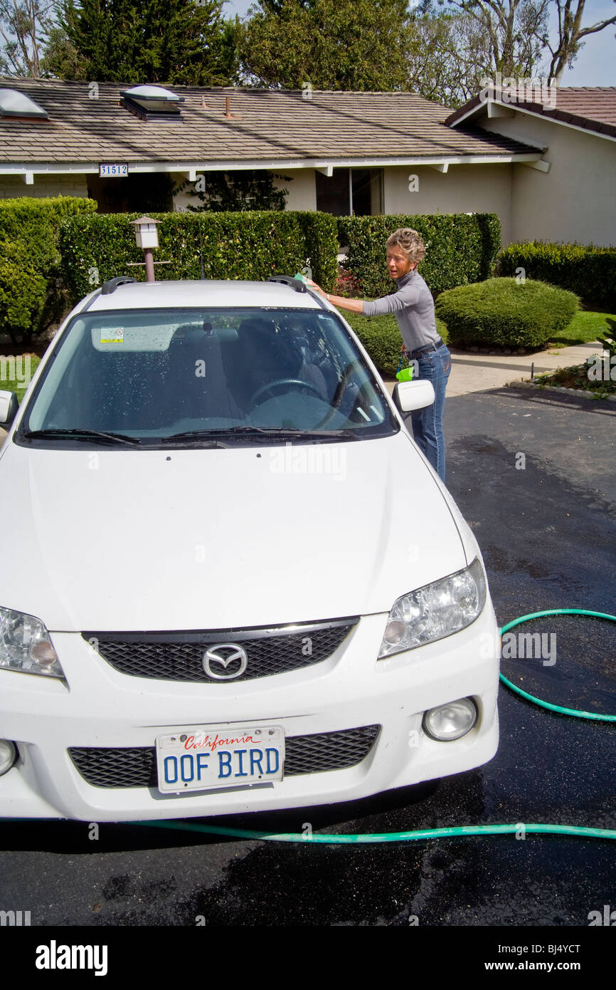 Using a bucket of detergent and a garden hose, an adult woman washes her car with a sponge