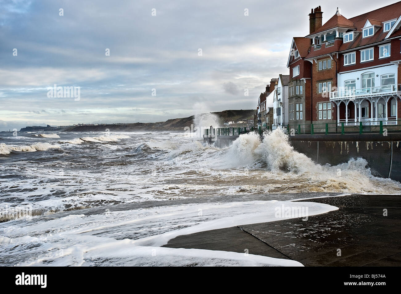 High tide & stormy seas at Sandsend near Whitby Stock Photo