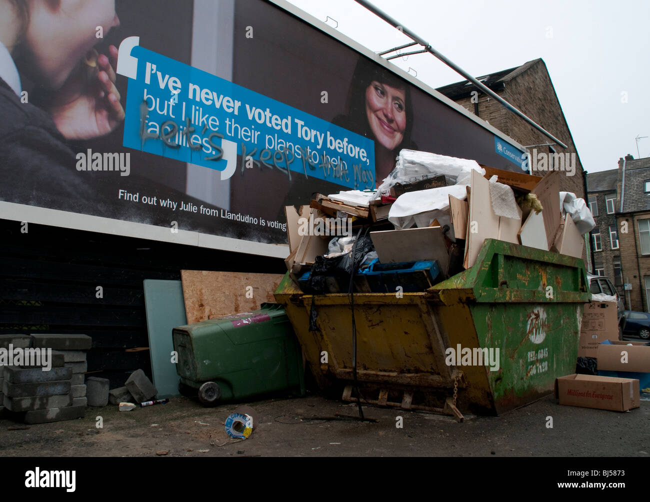 Tory election poster with graffiti, strap line reads 'I've never voted tory before,' graffiti reads 'Lets keep it that way' Stock Photo