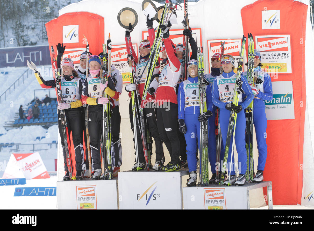 MARCH 7 LAHTI, FINLAND. The winners of the FIS World Cup Cross Country, Ladies 4 x 5 km Classic/Free Relay competition in Lahti Stock Photo