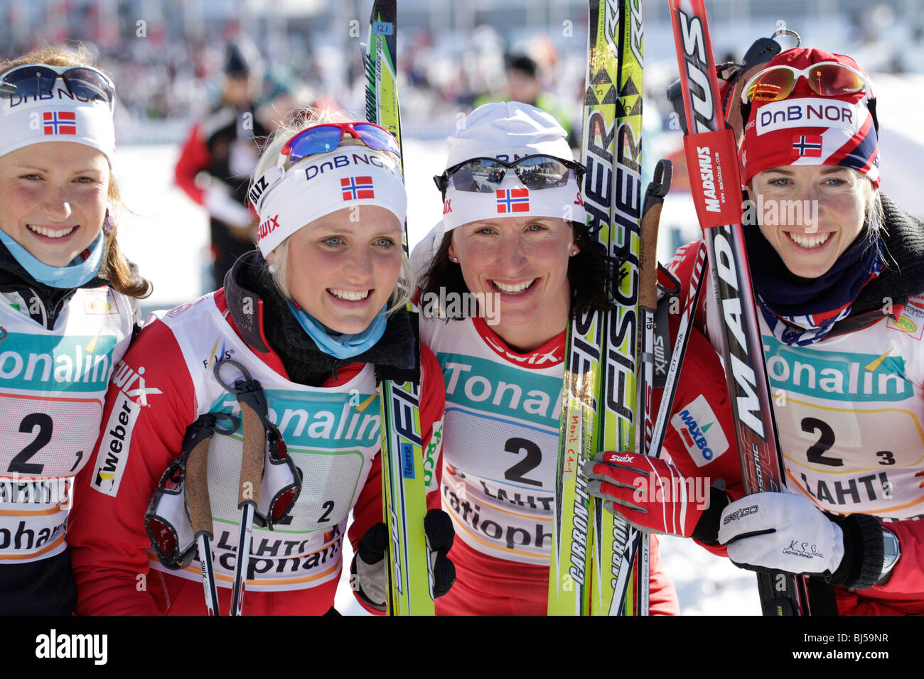 The Winning team of Norway Ladies 4 x 5 km Classic/Free Relay competition in Lahti, Finland. Stock Photo