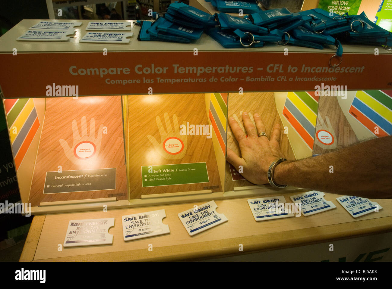A display compares the color temperatures of compact fluorescent light bulbs and incandescent bulbs Stock Photo