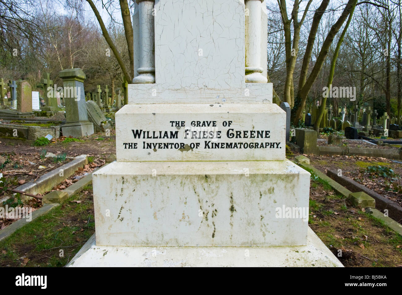 Highgate Cemetery , grave of William Friese Greene inventor of Kinematography or motion or movie photography & pioneer of colour cinema Stock Photo