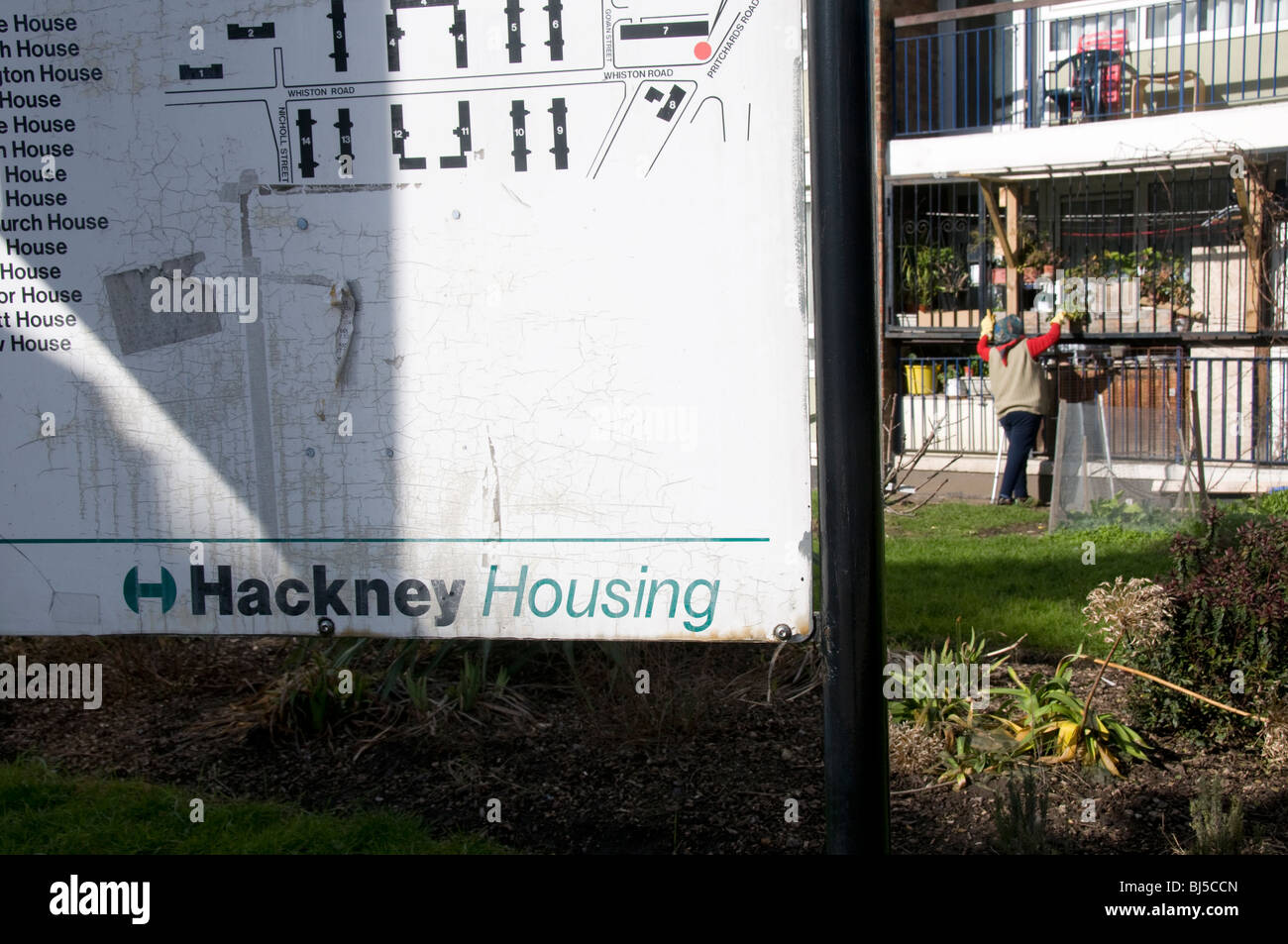 UK Woman working in garden in council housing estate in Hackney London Stock Photo