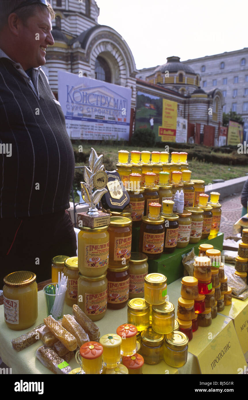 Sofia, Bulgaria, September 2008 -- Honey on sale at a market next to the Banya Bashi Mosque in Sofia, Bulgaria. Stock Photo