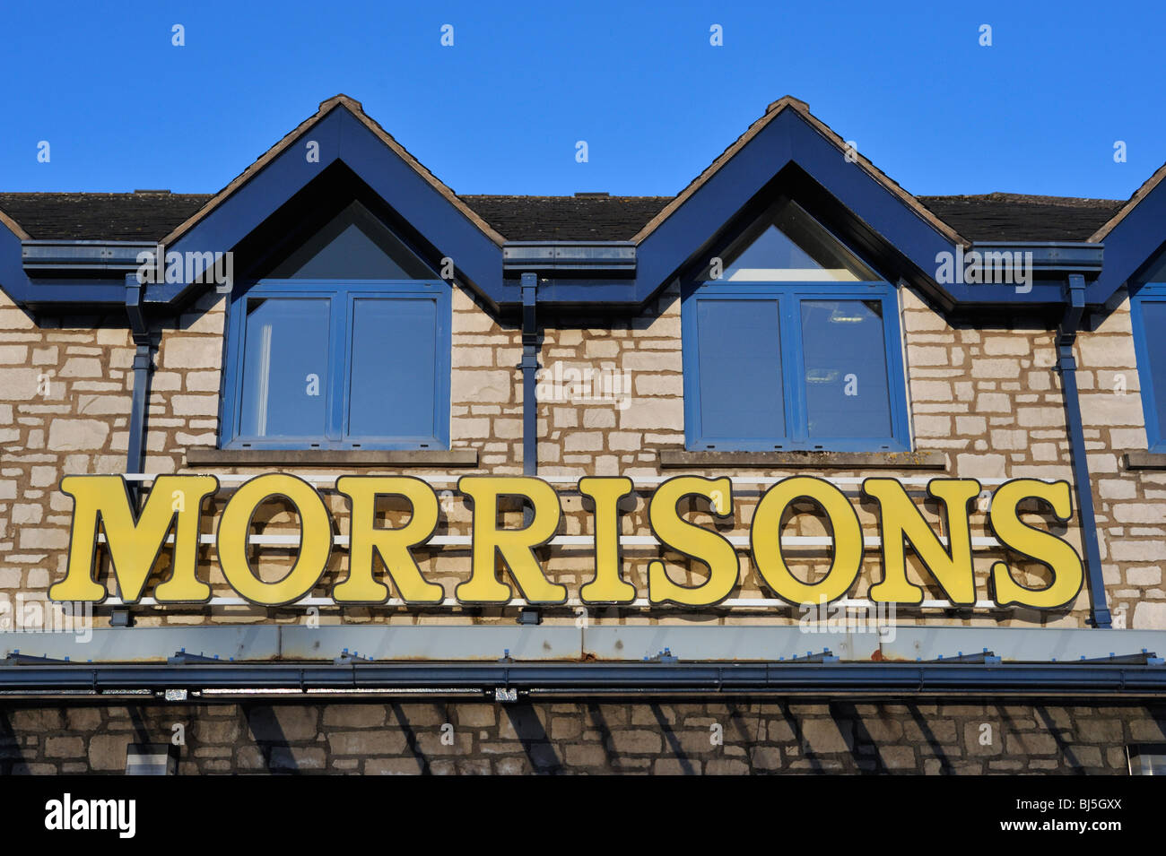 MORRISONS, supermarket, logo. The Old Showground, Kendal, Cumbria, England, United Kingdom, Europe. Stock Photo