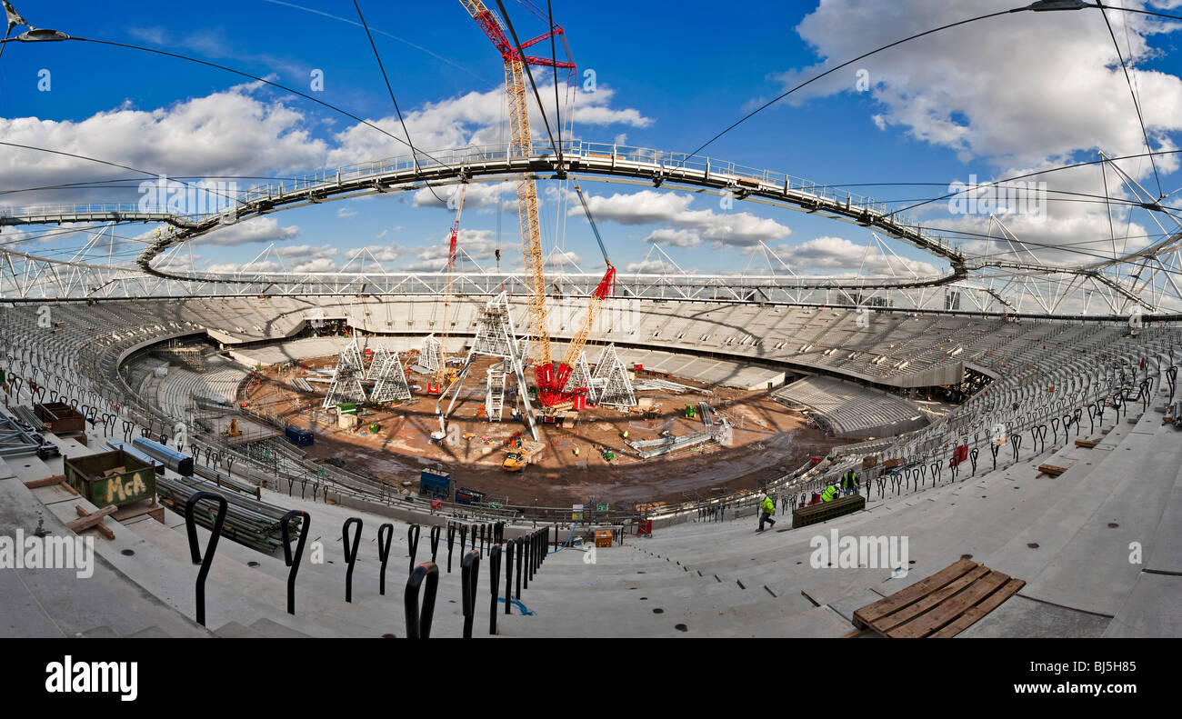 Panoramic interior of the Olympic Stadium under construction in Stratford, London. Stock Photo