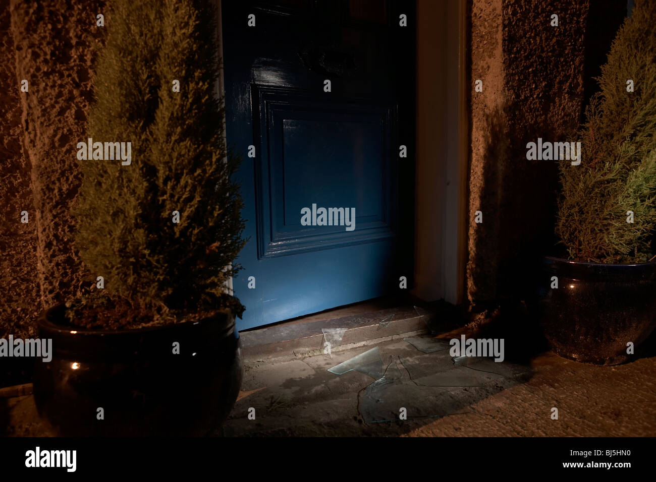 burglary, door, glass, broken, night, residential, home, crime Stock Photo