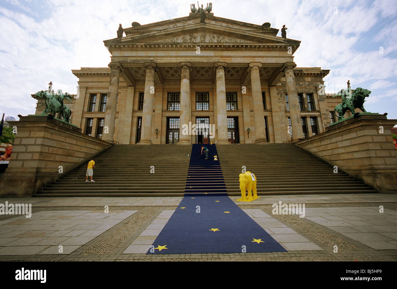 Blue carpet with yellow stars (Europe carpet) leading to the Konzerthaus in the Genadarmenmarkt square, Berlin, Germany Stock Photo