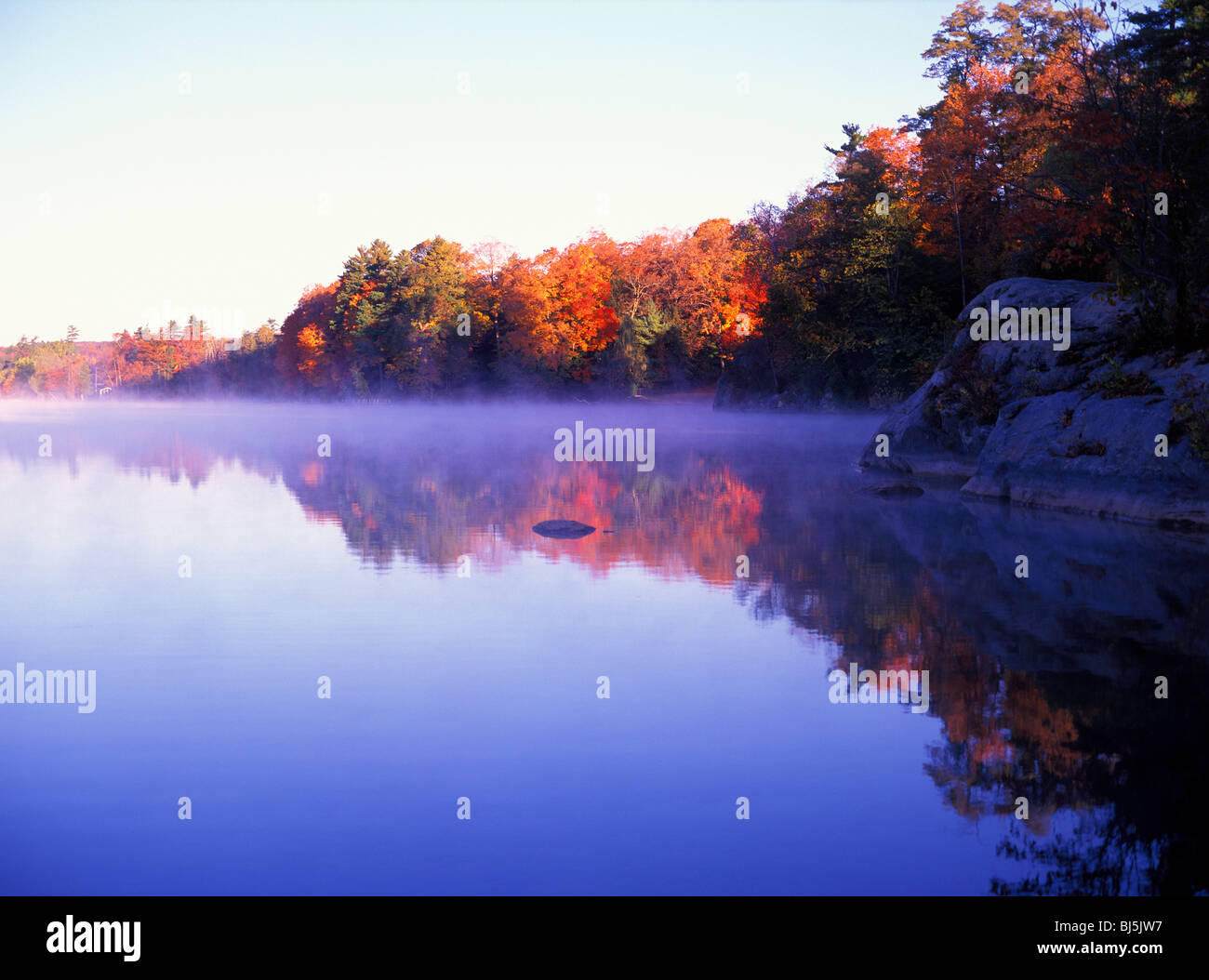 Laurel Lake lined with colorful fall foliage on an autumn morning near Lee, Massachusetts, New England, USA. Stock Photo