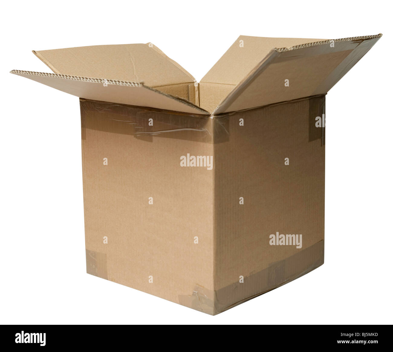 An open, square-shaped, empty cardboard box. Already cutout for easy placement. Stock Photo