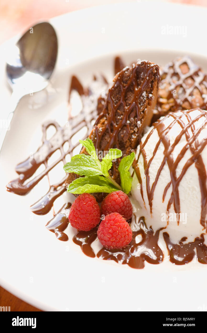 chocolate brownie with sauce, vanilla bean ice cream and raspberries, Buellton, Santa Ynez Valley, California Stock Photo