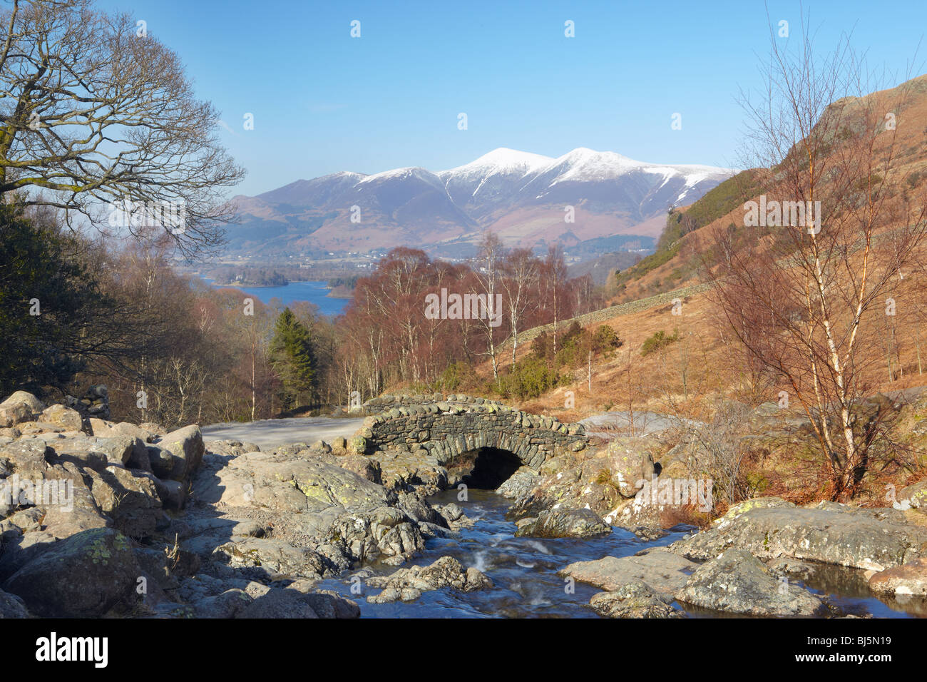 Water tumbling over rocks at Ashness Bridge near Keswick Cumbria Stock ...