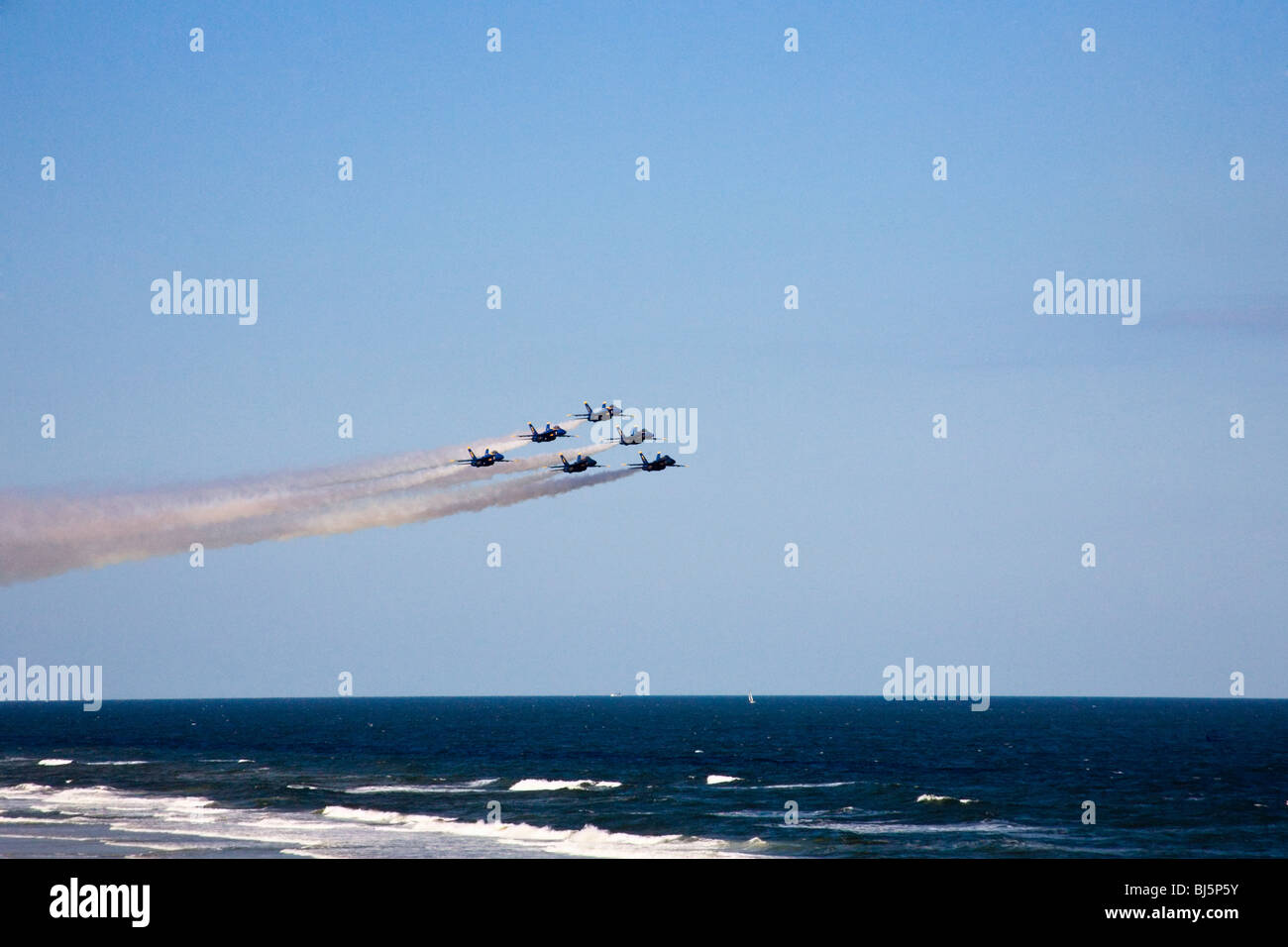 The US Navy Blue Angels flying over the Atlantic Ocean at Jacksonville