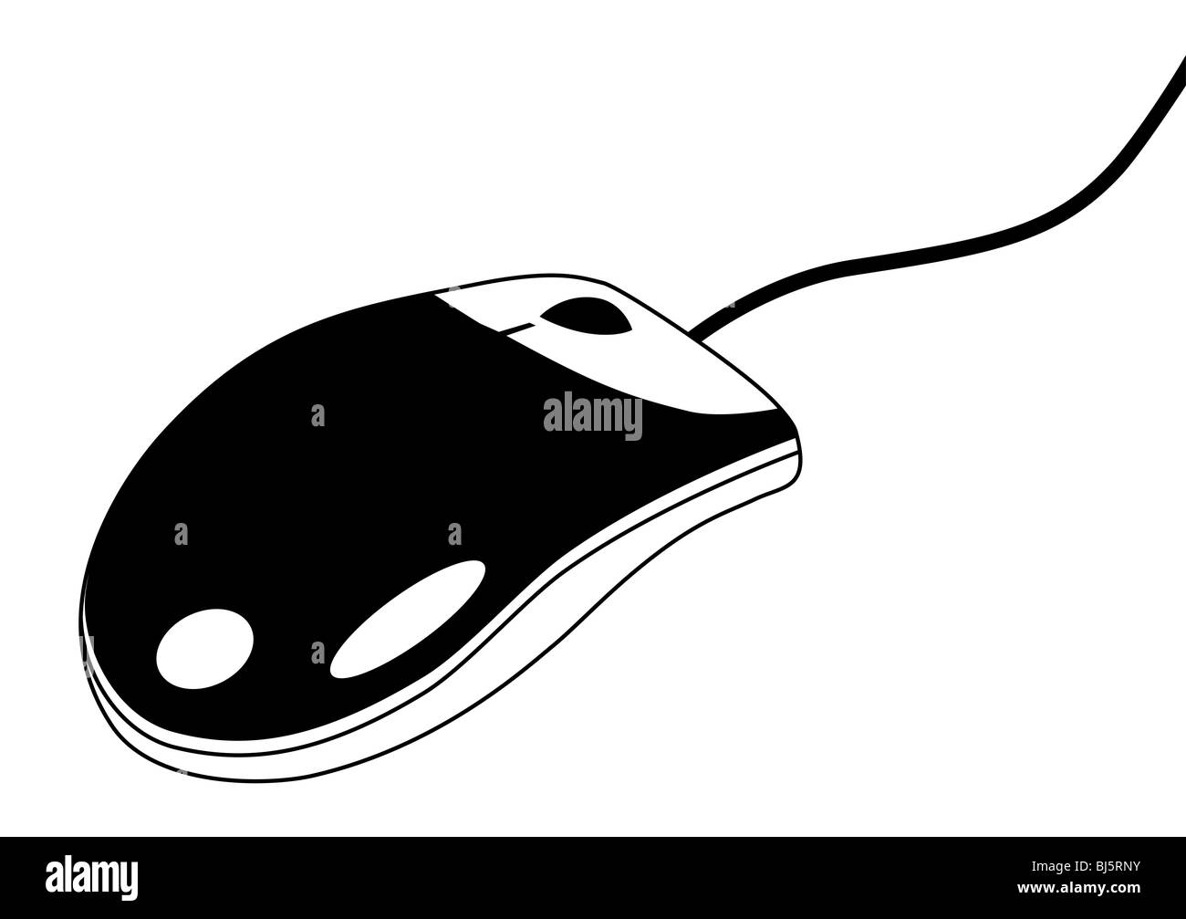 Black and white computer mouse with wheel and cable. Stock Photo