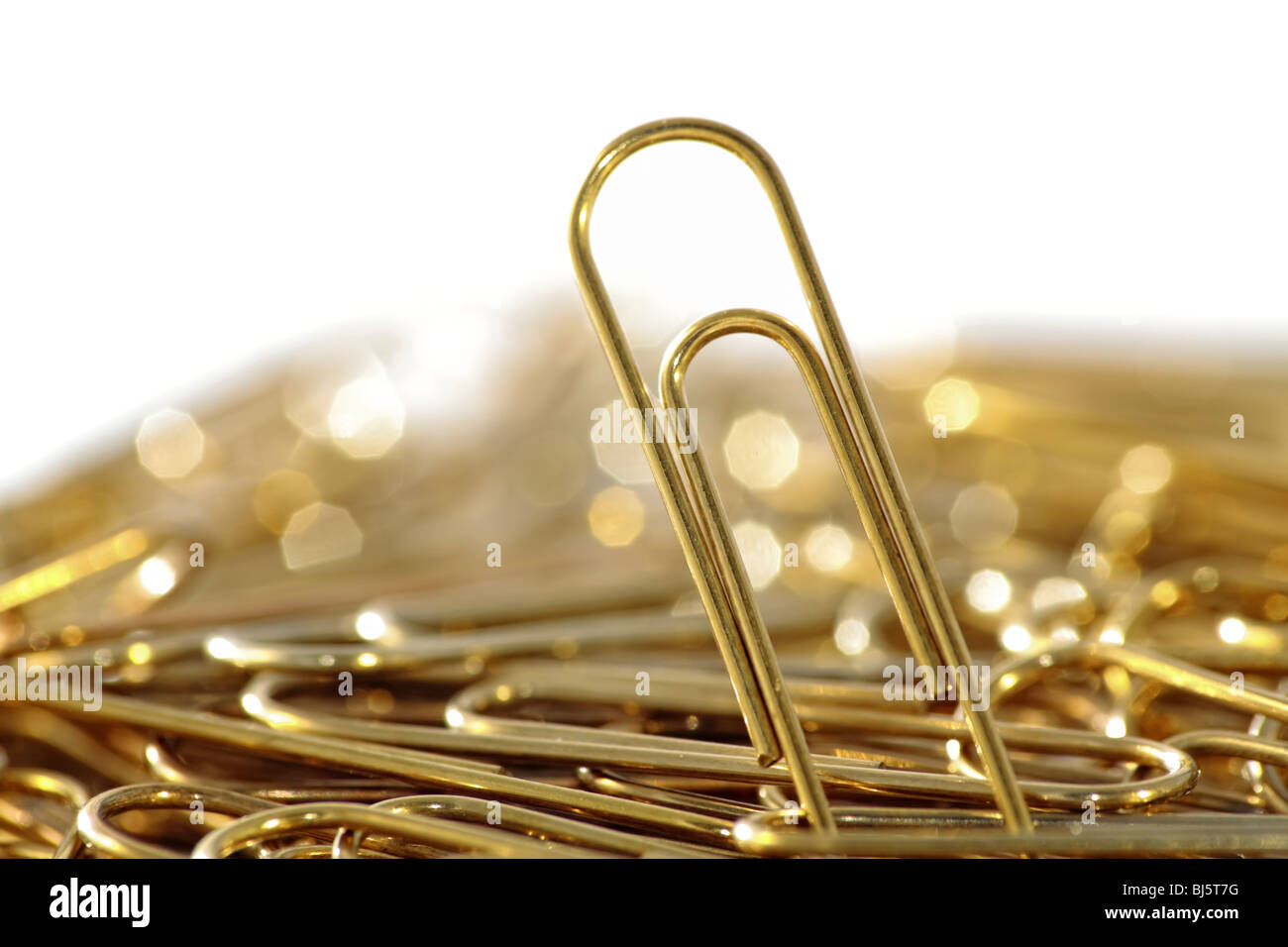 Golden paperclip standing on pile of paperclips Stock Photo - Alamy