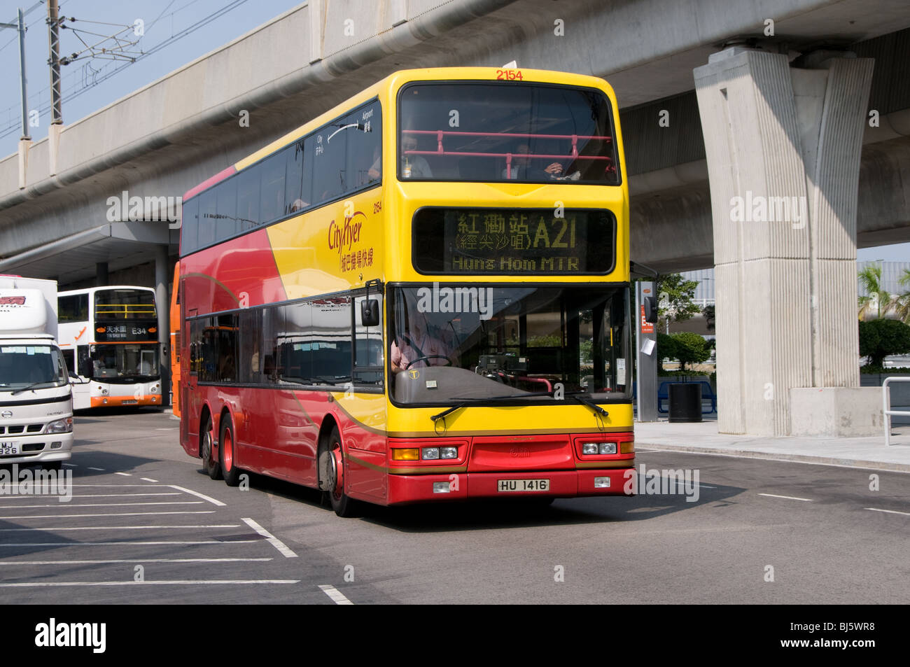 A Citybus Leyland Olympian in Cityflyer livery leaves Hong Kong International airport to go to Hung Hom station in Kowloon Stock Photo