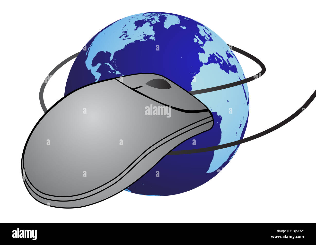 Grey computer mouse with cable around the blue globe with world map. Stock Photo