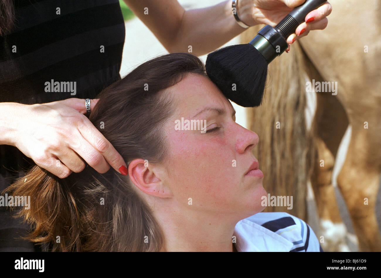 Mobile hairdresser at work, doing make up, Schoenwalde-Glien, Germany Stock Photo