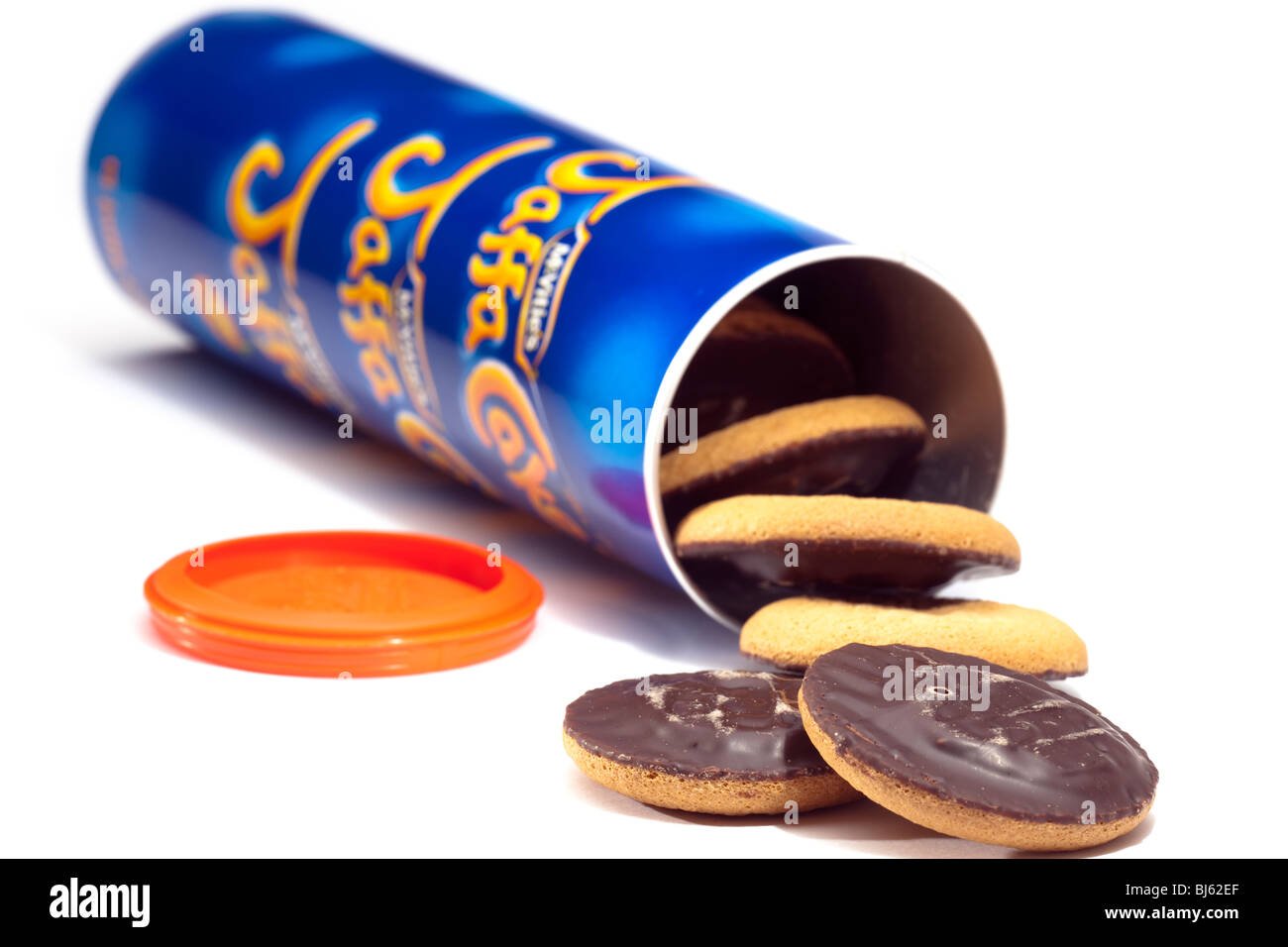 Jaffa cakes spilling from a tube Stock Photo