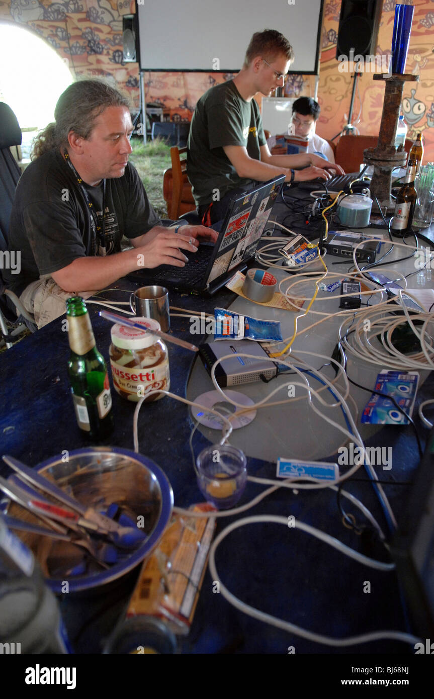 Computer freaks during the Chaos Communication Camp in Finowfurt, Germany Stock Photo