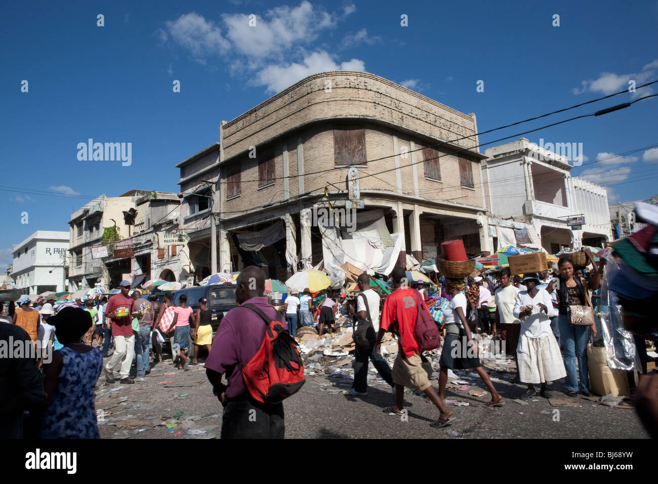 Busy street corner in central Port-au-Prince, Haiti. Stock Photo