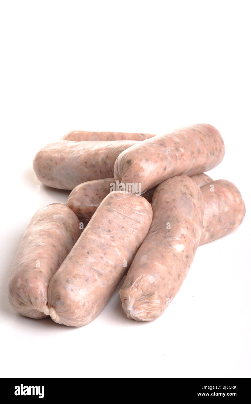 Raw sausages photographed in studio against a white background Stock Photo