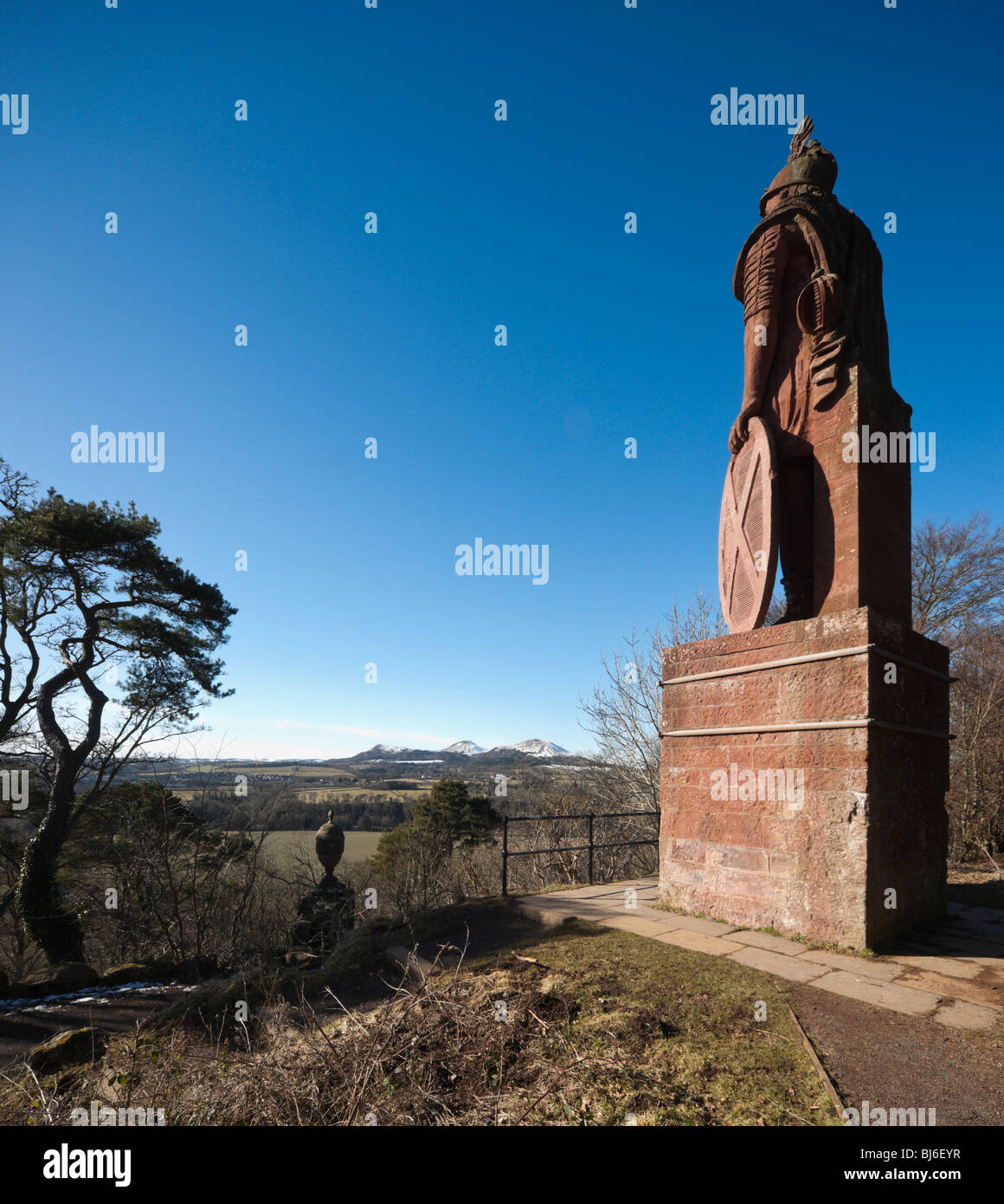 The Wallace Monument or statue at Dryburgh in the Scottish Borders - looking towards the Eildon Hills in winter Stock Photo
