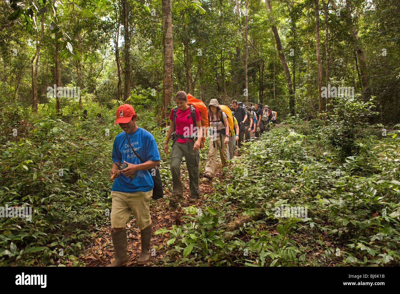 Indonesia, Sulawesi, Operation Wallacea, sixth form students starting rainforest walk at forest fringe Stock Photo