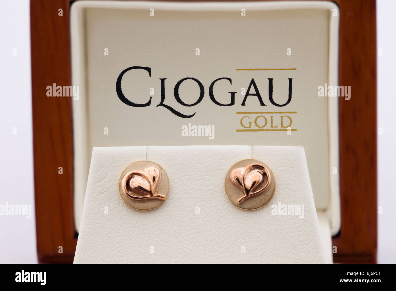 Studio Still life. Clogau Welsh gold stud earrings in wooden presentation box Stock Photo