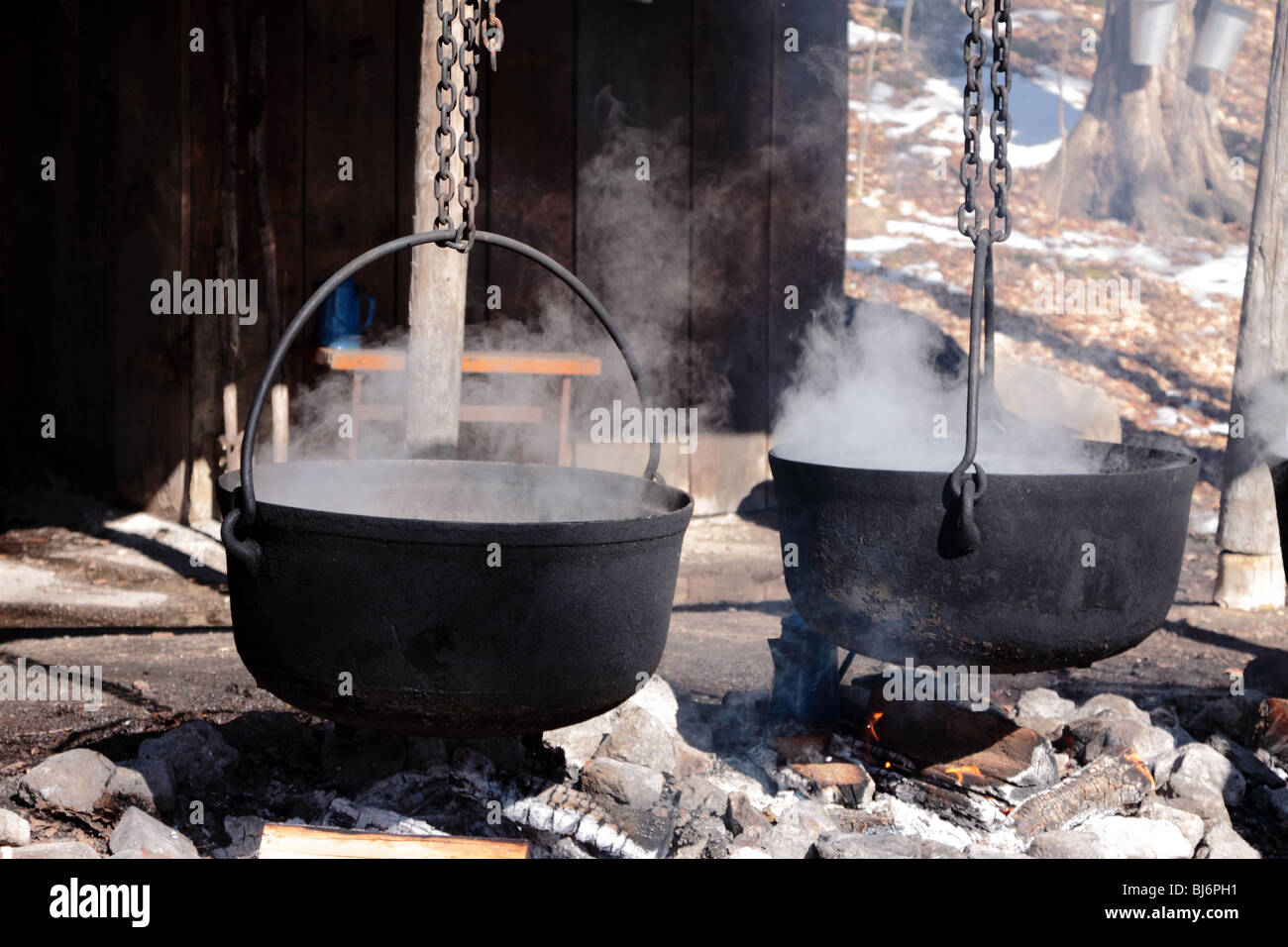 Large cast iron pot being used to reduce sugar maple sap to maple