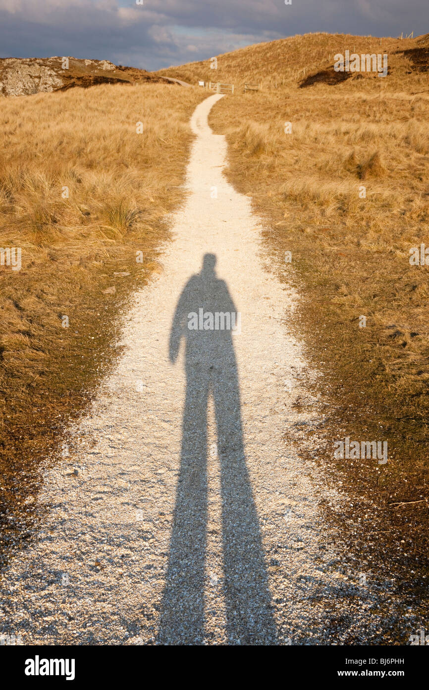 Long shadow of a person on a path in evening sunshine. UK Britain Stock Photo