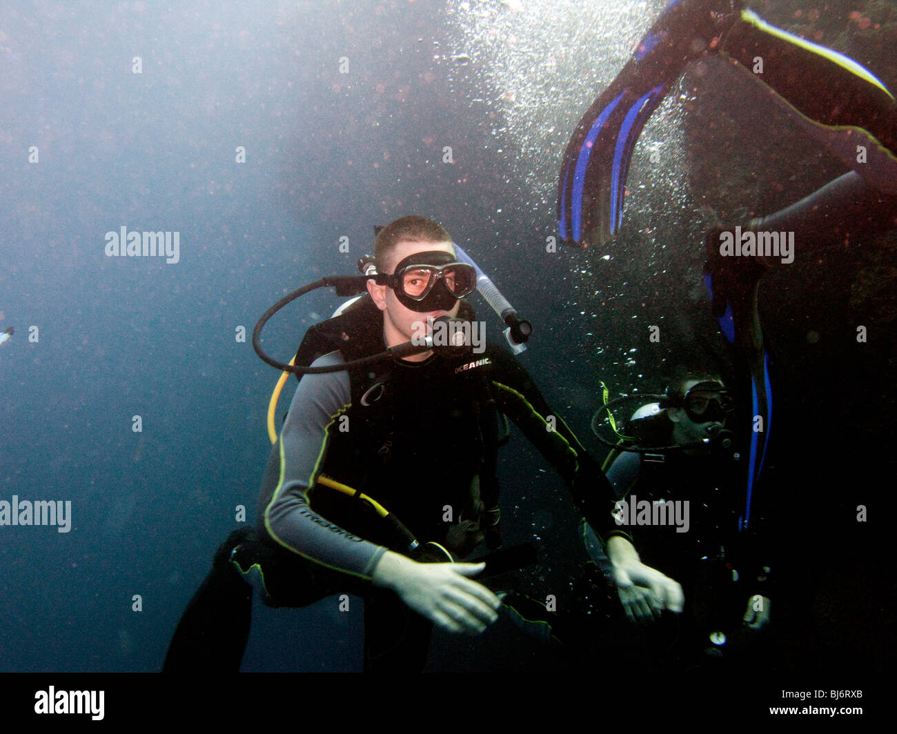 Indonesia, Sulawesi, Wakatobi National Park, underwater, young scuba diver learning to dive underwater Stock Photo