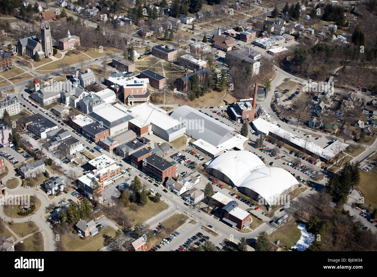 Aerial view of Williams College campus, showing ice rink, field house