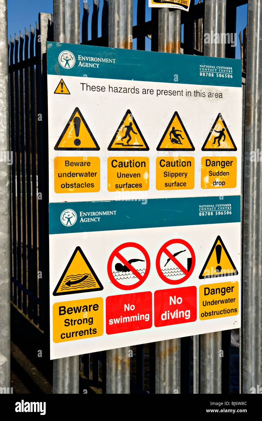 Warning Signs at the Leigh Flood Barrier on the River Medway, Leigh