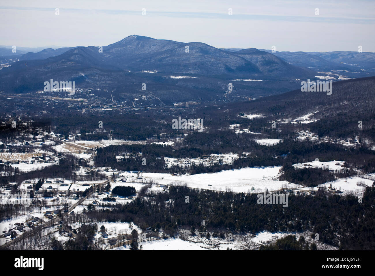North Adams Massachusetts aerial view in late winter. Mount Greylock is in the background. Stock Photo