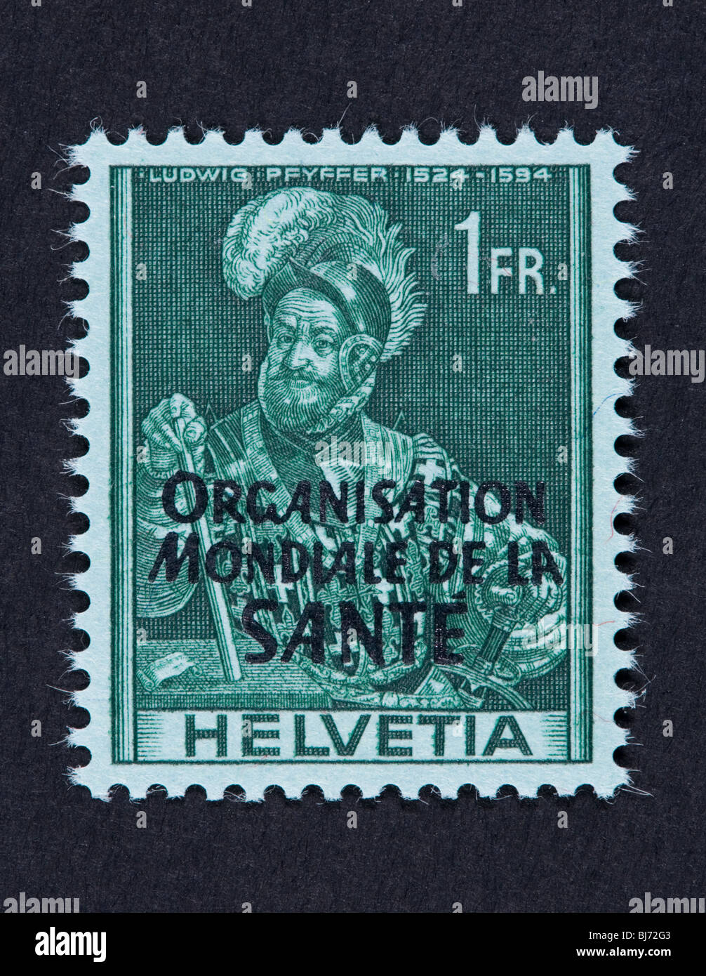 Postage stamp of Switzerland overprinted for use by the World Health Organization, depicting Ludwig Pfyffer. Stock Photo