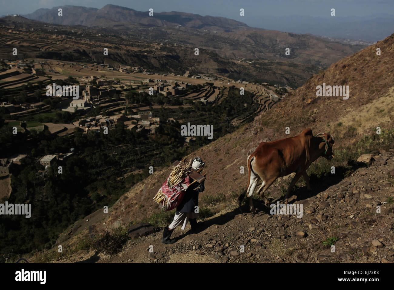 A farmer walking up a hill in central Yemen. Stock Photo