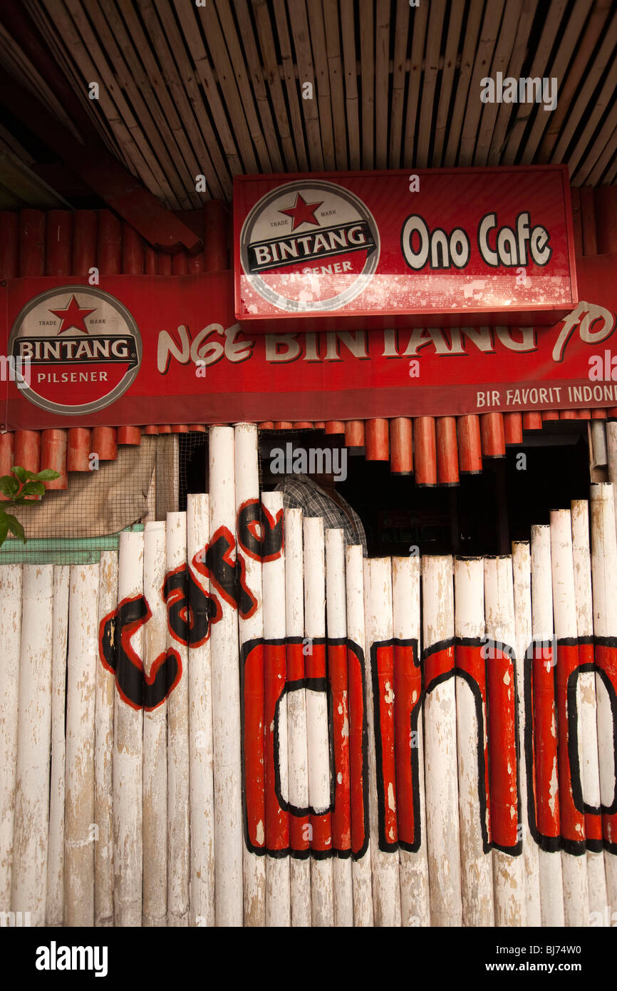 Indonesia, Sulawesi, West Coast, Pare Pare, Café Ono seafront bar, Bintabg advertising banner Stock Photo