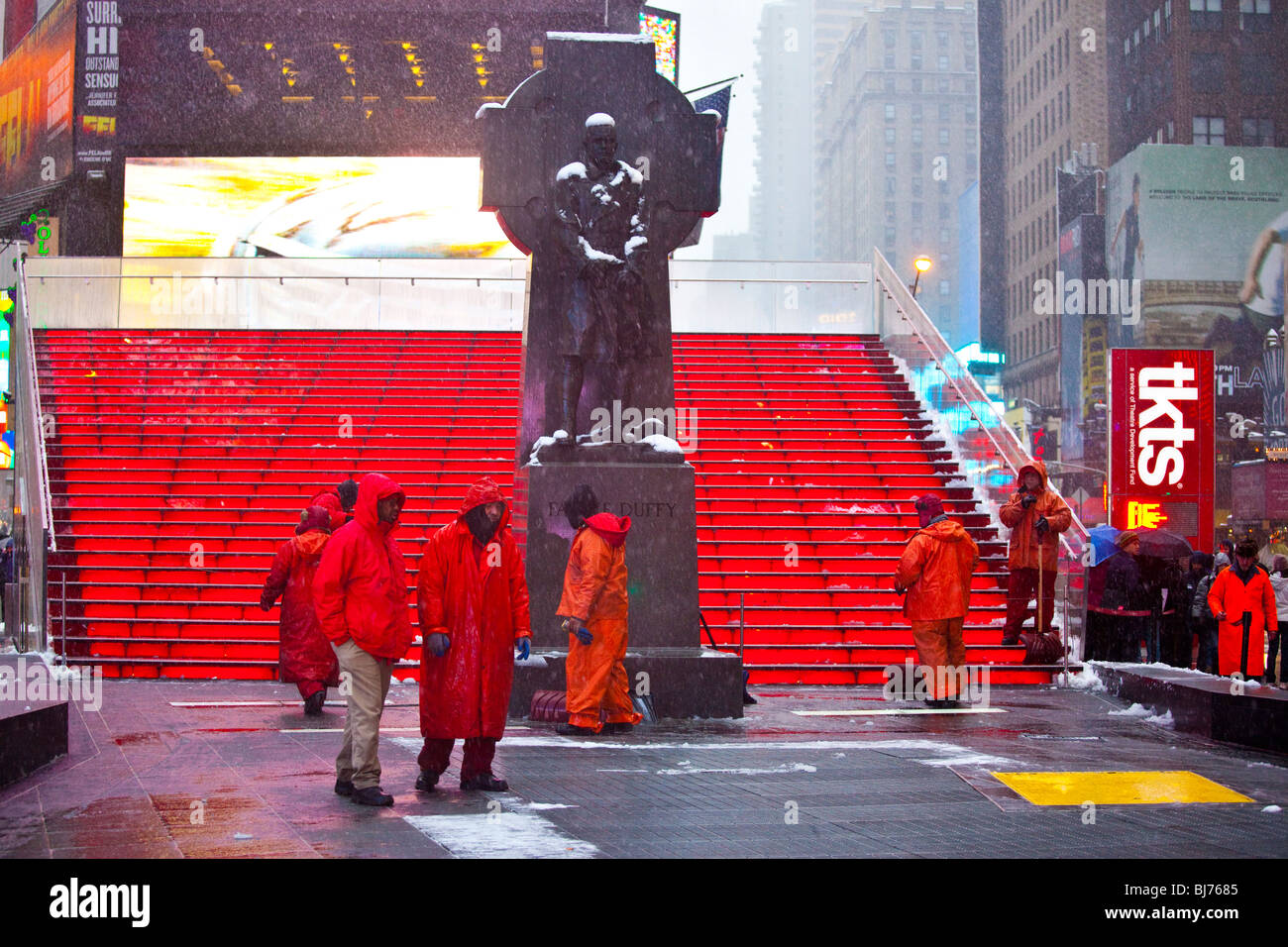 Snow cleanup crew in Times Square, New York City Stock Photo