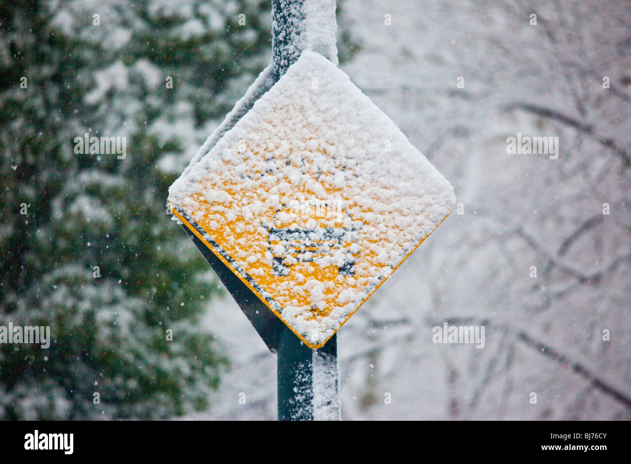 Caution sign in Central Park, New York City Stock Photo