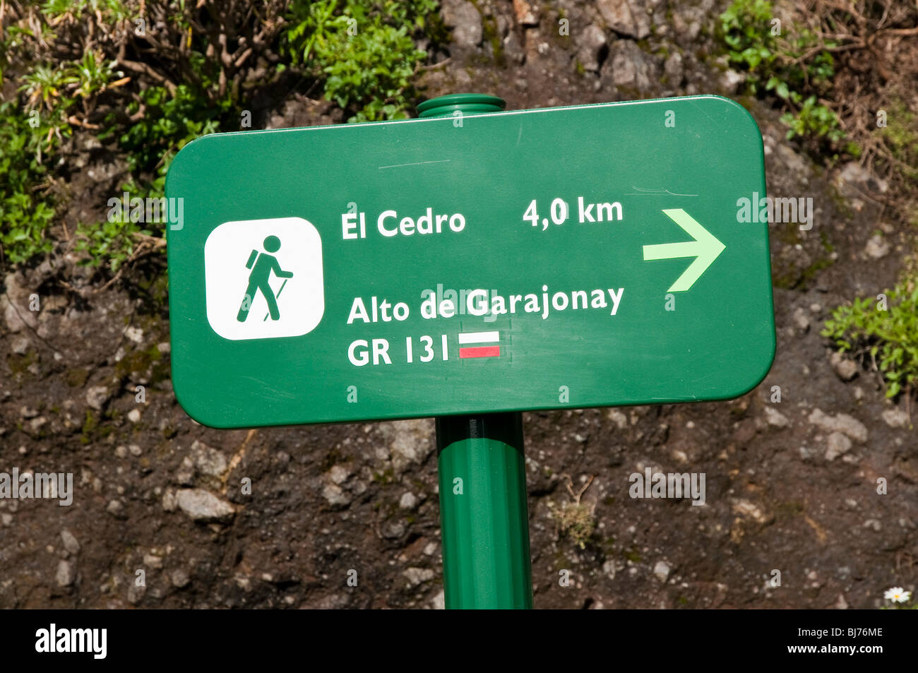 A direction sign for walkers in the Garajonay National Park. Stock Photo
