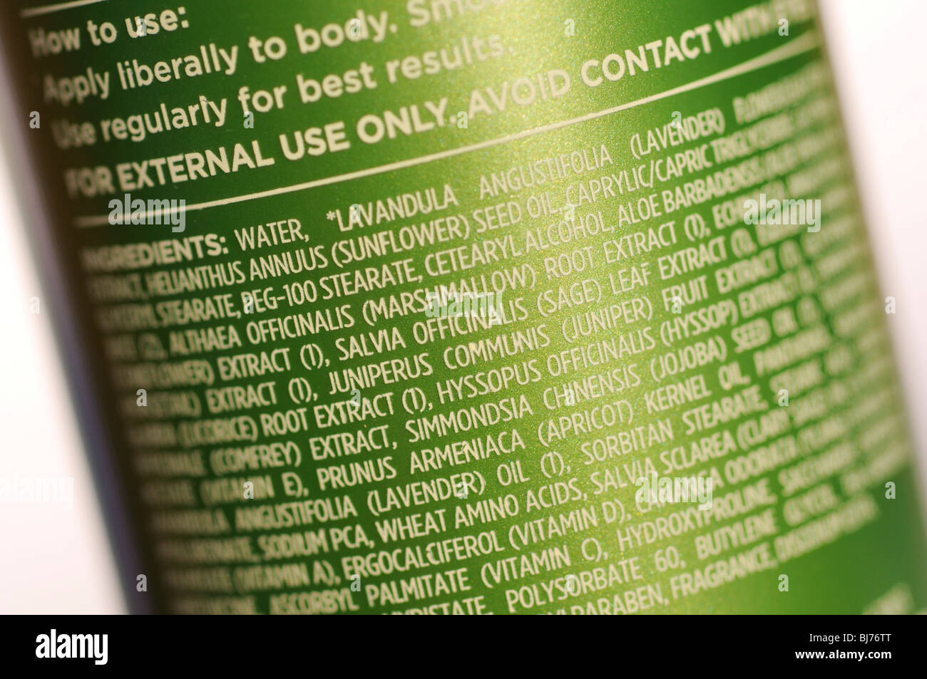 Body lotion ingredients list Stock Photo Alamy